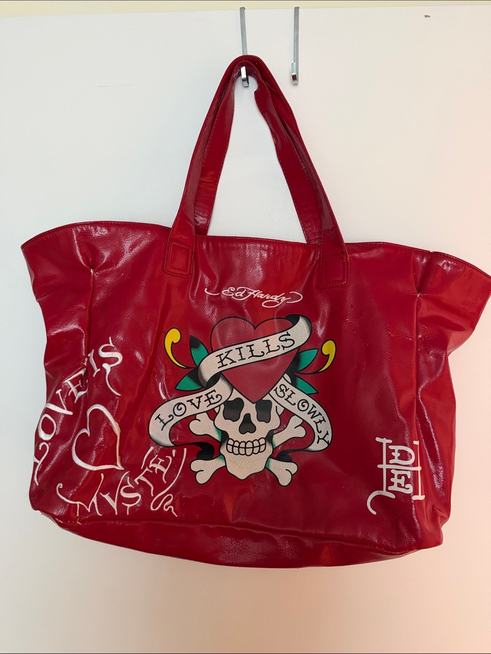 Ed Hardy Red Tattoo Skull Tote with Heart Banner